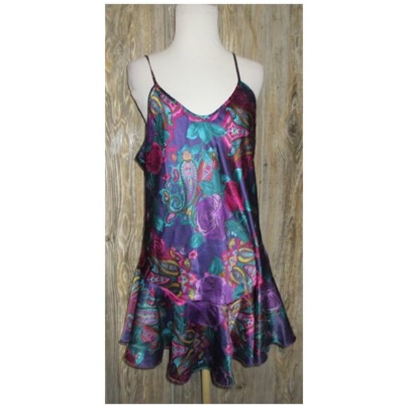 Vintage 80s California Miss Paisley Print Lingerie Dress Sz M Teal Purple Satin - Picture 1 of 13